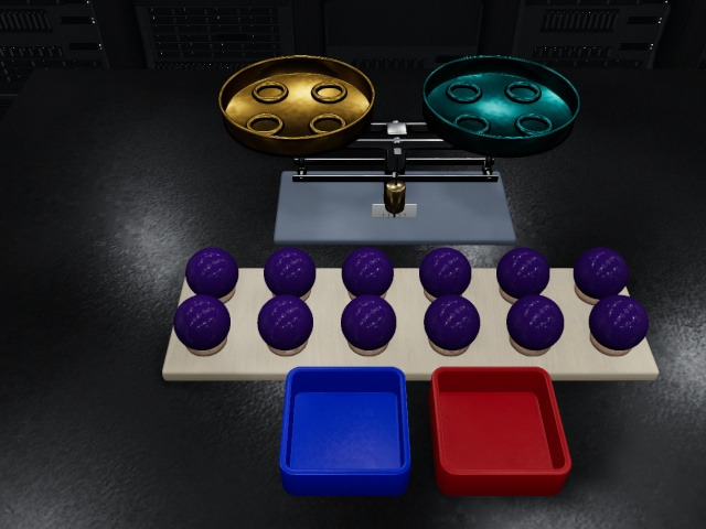 Head camera: the balance's gold and teal pans above the rack of twelve purple balls, the blue and red trays in front