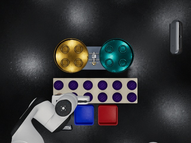 Overhead camera: the hand over the rack, a ball between its fingers