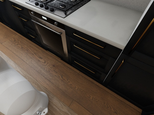 Front camera: dark kitchen units with brass pulls ahead of the cart, the arm's shoulder at the left